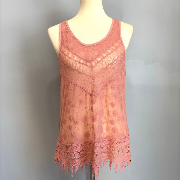 Haute Monde Tops - Haute Monde Pink Lace Cottagecore Cami Top Coquette Y2K Boho Mesh Fairycore M